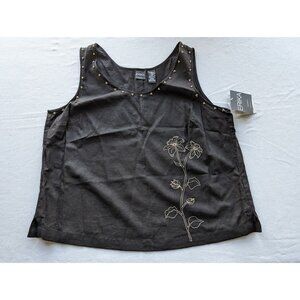 Women's Erika Embroidered Linen‎ Blend Tank Top Size 1X Floral Beaded Shirt NEW